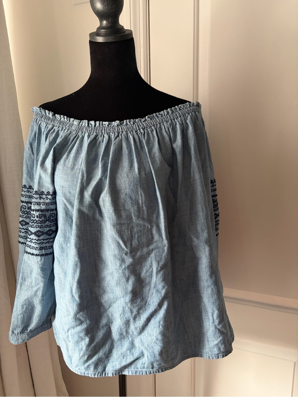 GAP Light Blue Off-Shoulder Embroidered Sleeve Blouse